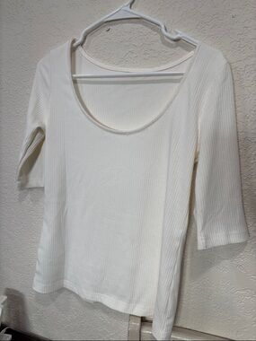 Mijeong PARK. Ribbed Scoop Neck Long Sleeve Top - Ivory